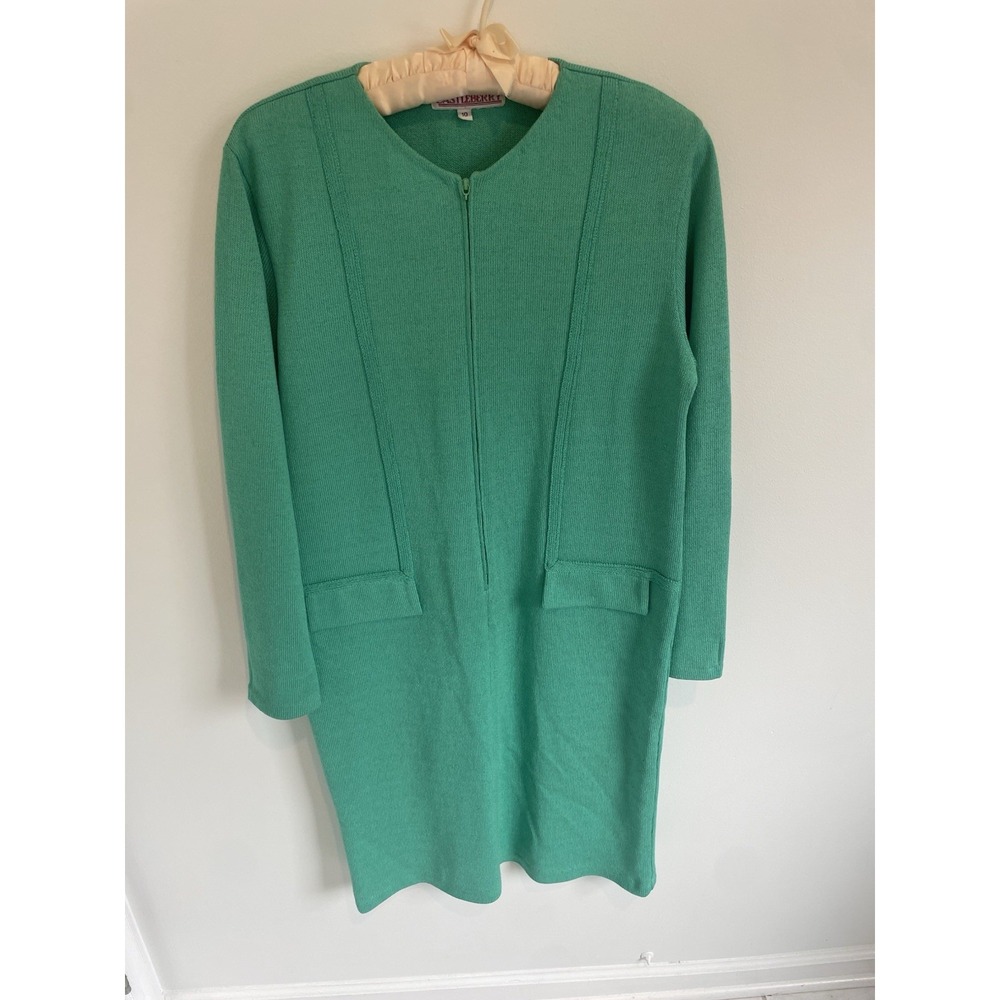 Vintage Knit Castleberry Green Dress 1970s Size 10 1/4 Zip Old Money Long Sleeve